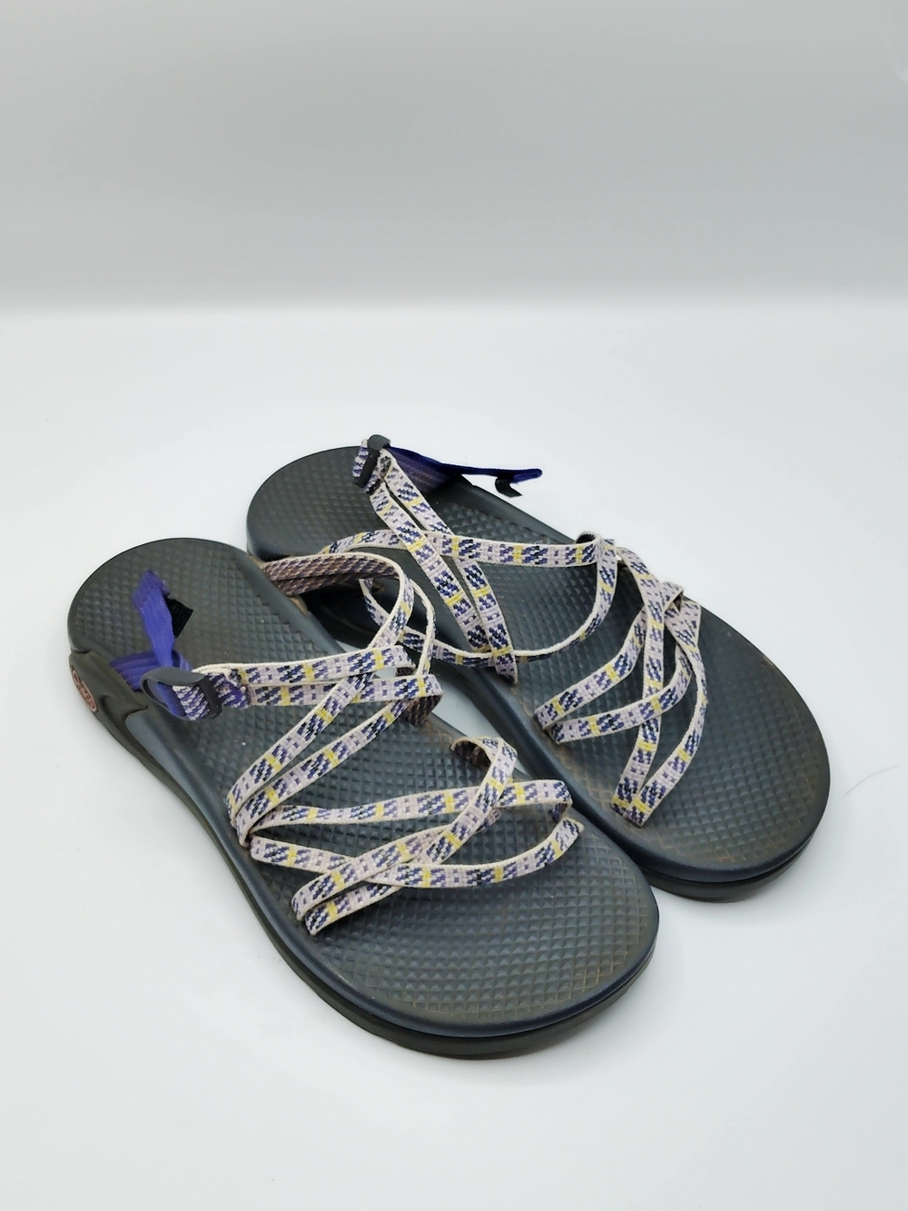 Chaco Women's Gray Sandals with Purple and Cream Patterned Straps